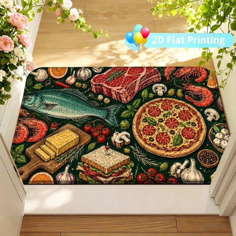 Vintage Seafood Pizza Steak Food Print Door Mat Non-Slip Kitchen Indoor Entry Floor Rug