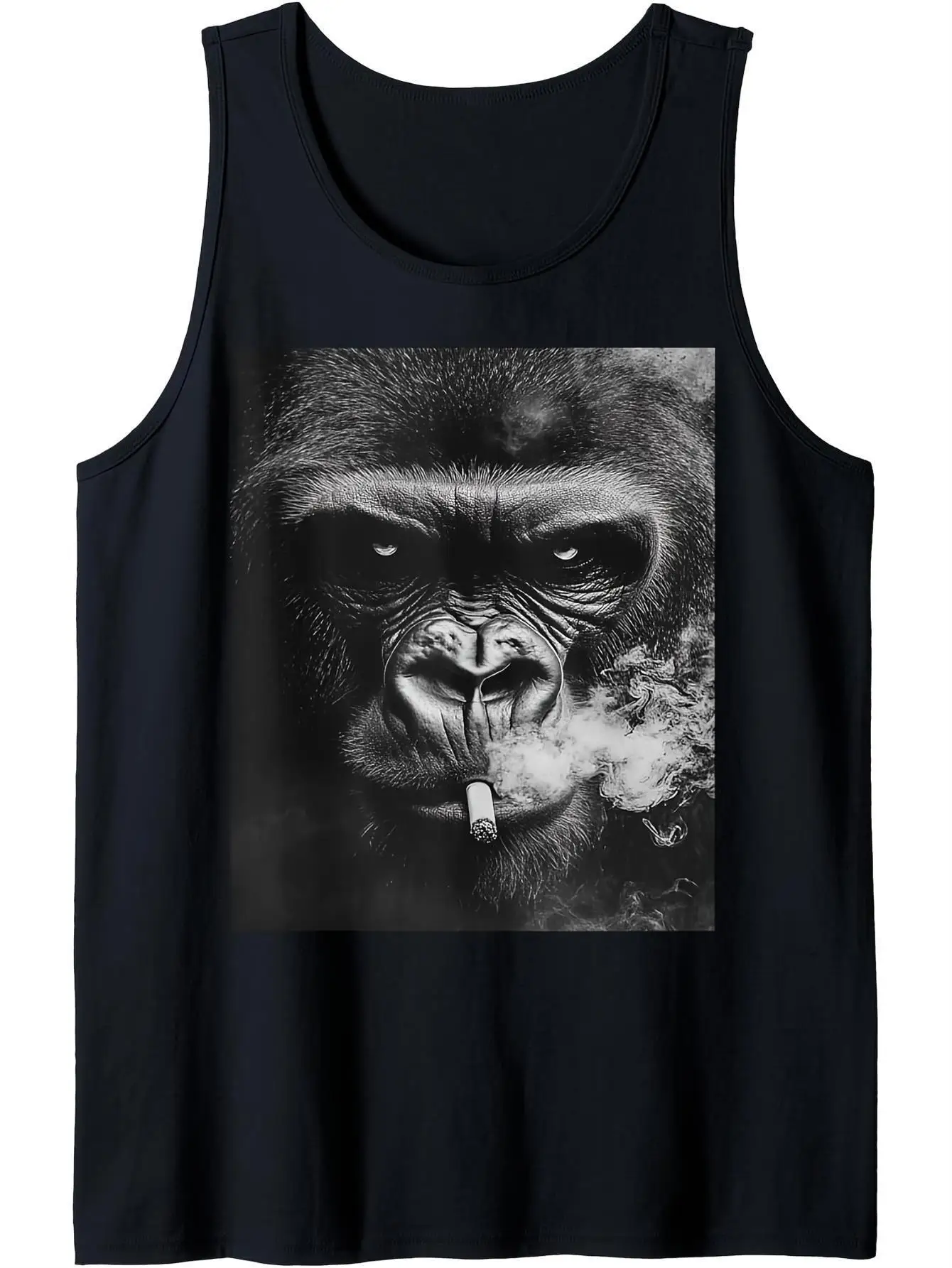 

An interesting smoking gorilla-themed vest - a black sleeveless shirt with digital graphics, a lightweight muscle T-shirt