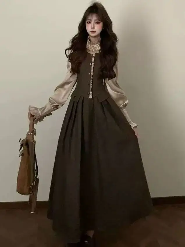 Retro Two-Piece Set Women's Fashion Long Sleeve High Waist Autumn Winter Miu Series Elegant Complete Outfit Ladies Suit