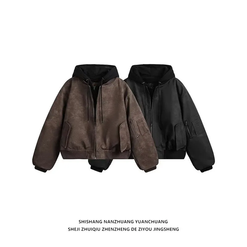2026 American Fake Two-piece Jacket Men's Autumn and Winter Jacket Lazy Wind Loose Hooded Jacket