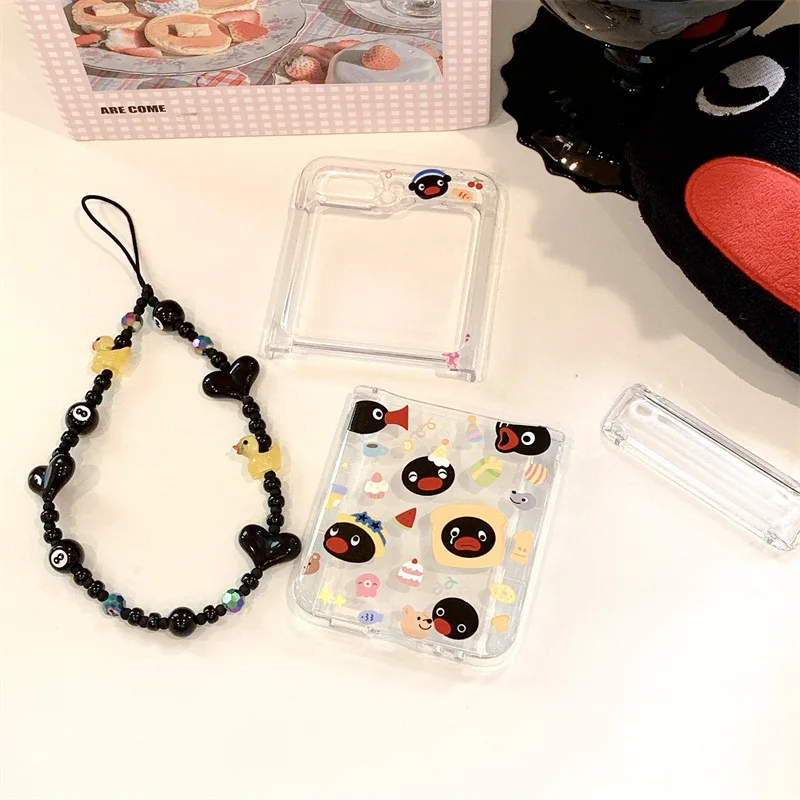 2025 الكرتون وجبات خفيفة البطريق جراب هاتف لسامسونج غالاكسي Z Flip6 4 3 الغطاء الصلب ل ZFlip3 Zflip4 Zflip5 الصلبة شل قوس