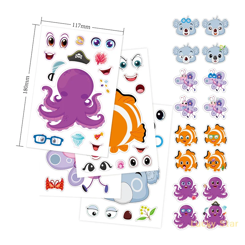 36 PÇS/SET Novas Crianças DIY Adesivos Faça Um Rosto Adesivos Dos Desenhos Animados Animal Rosto Mudando Adesivos