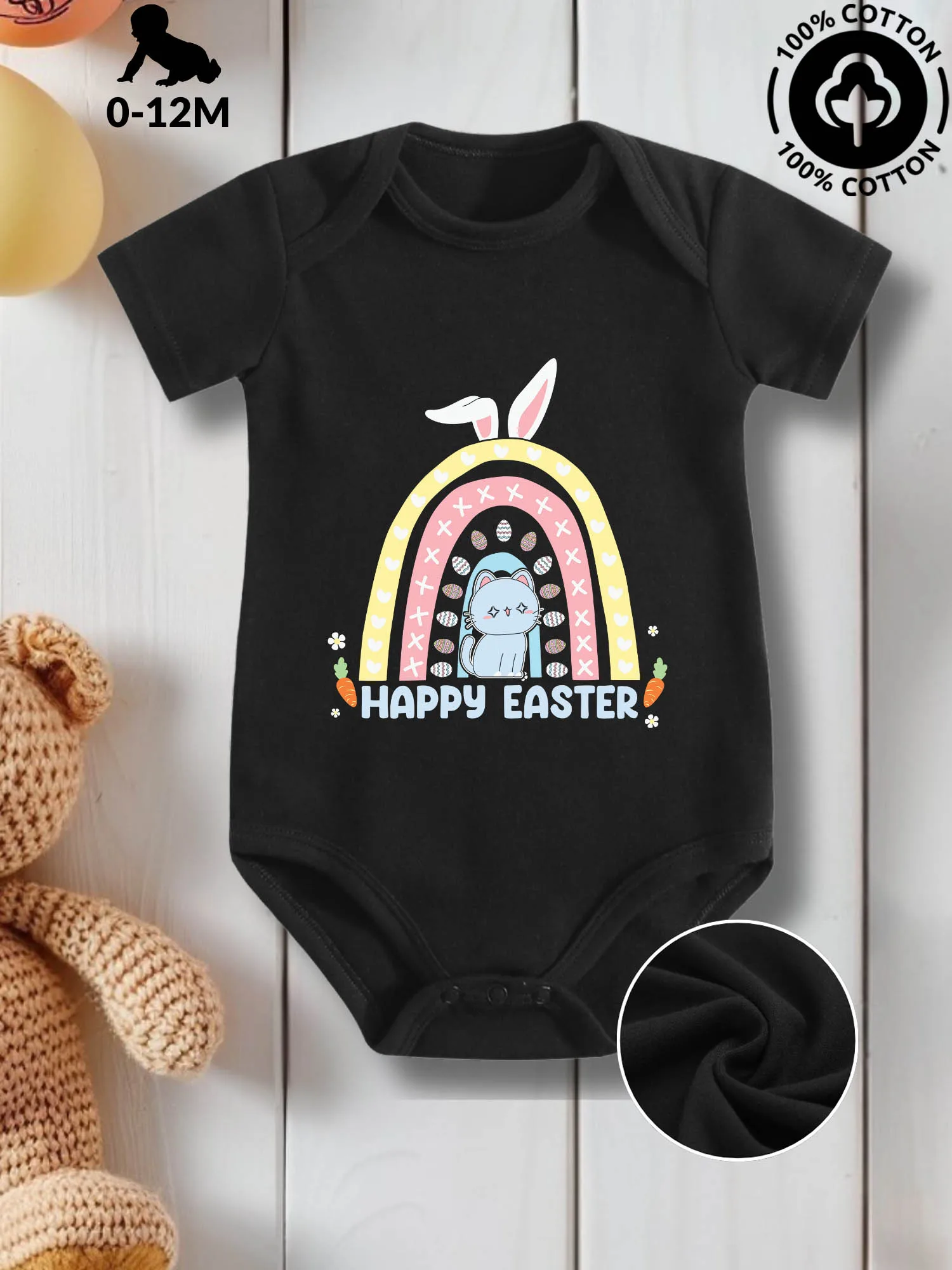 

Lovely Cat Happy Easter Unisex Baby Crawling Suit, Pure Cotton Skin Care Onesie, All-Season Wear Black Bodysuit 190GSM