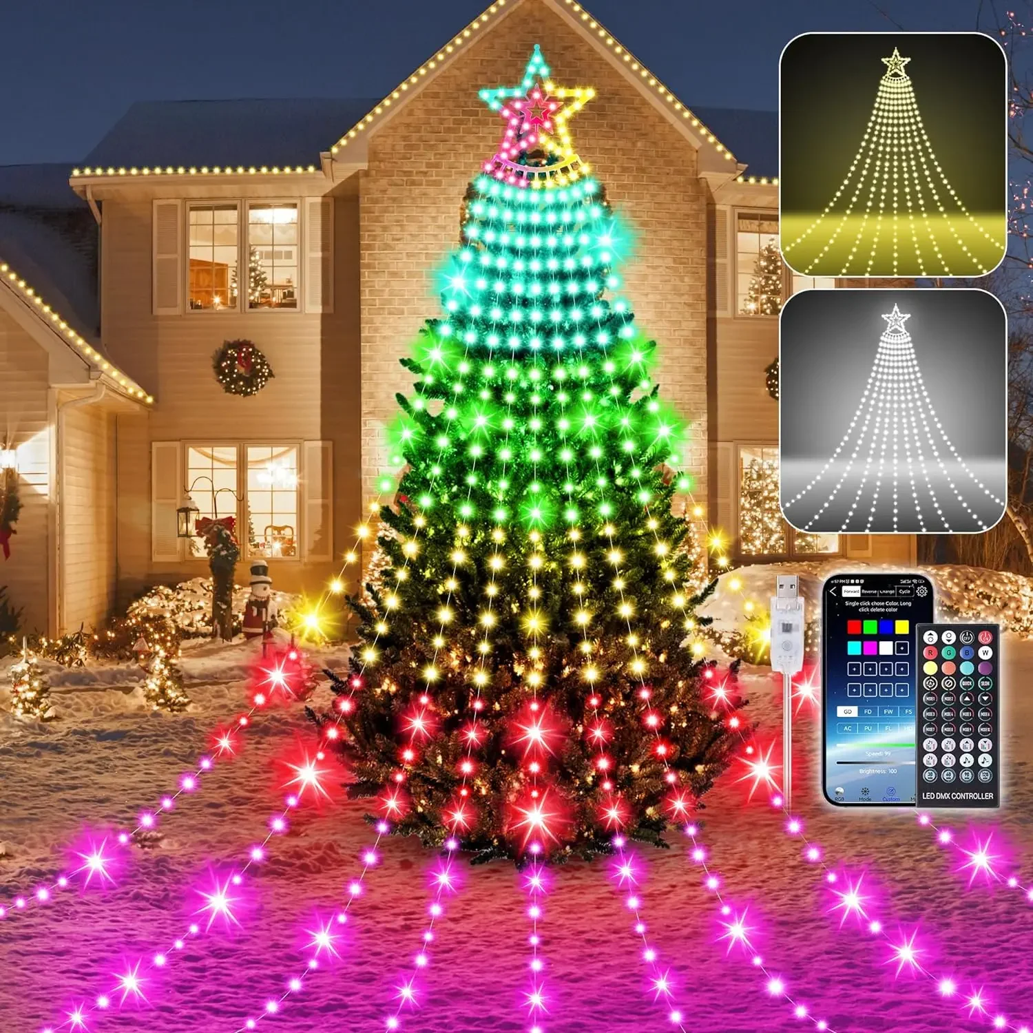 3M 9 Strands APP Controlled Christmas Waterfall Tree String Light 305 LED Smart RGBIC Waterfall Christmas Tree Topper Star Light