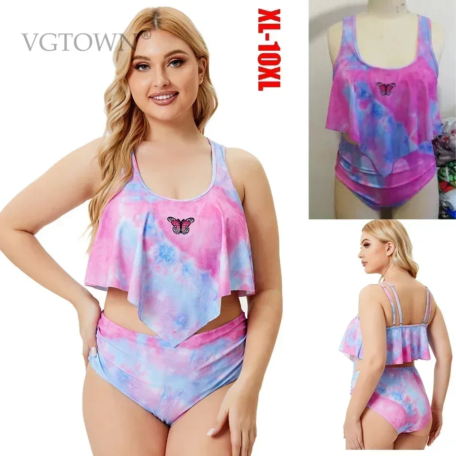 

Summer Plus Size 8XL 10XL Two Pieces Women's Bikinis Set Printed Ruffle Big Swimsuit Large Female Swimming Suits