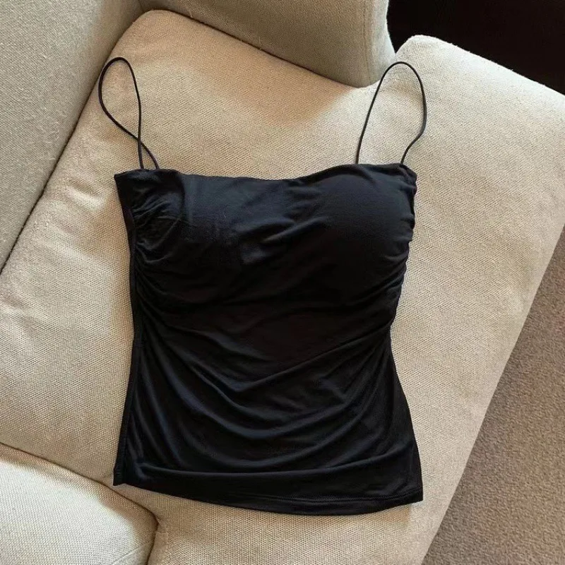 Tank Top Wanita dengan Bra bawaan Tank tali Spaghetti untuk wanita warna Solid kasual musim panas Camis wanita gaya Korea Dropship