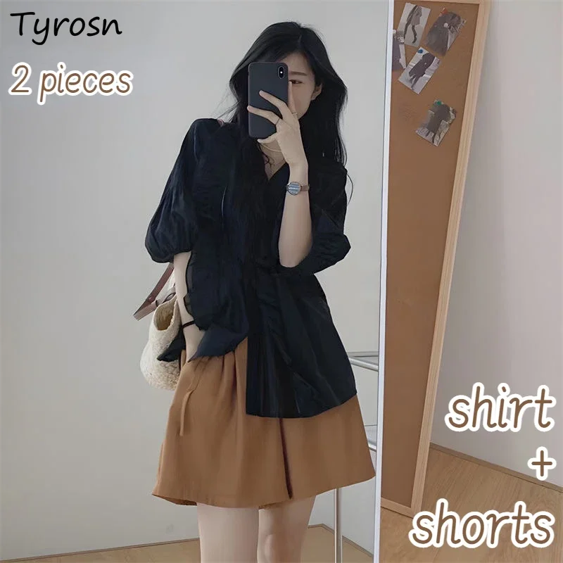 

Shorts Sets Women Loose Leisure Retro Design Simple Shirts Basic Popular Puff Sleeve Ulzzang Folds Ladies Bandage Cozy Summer