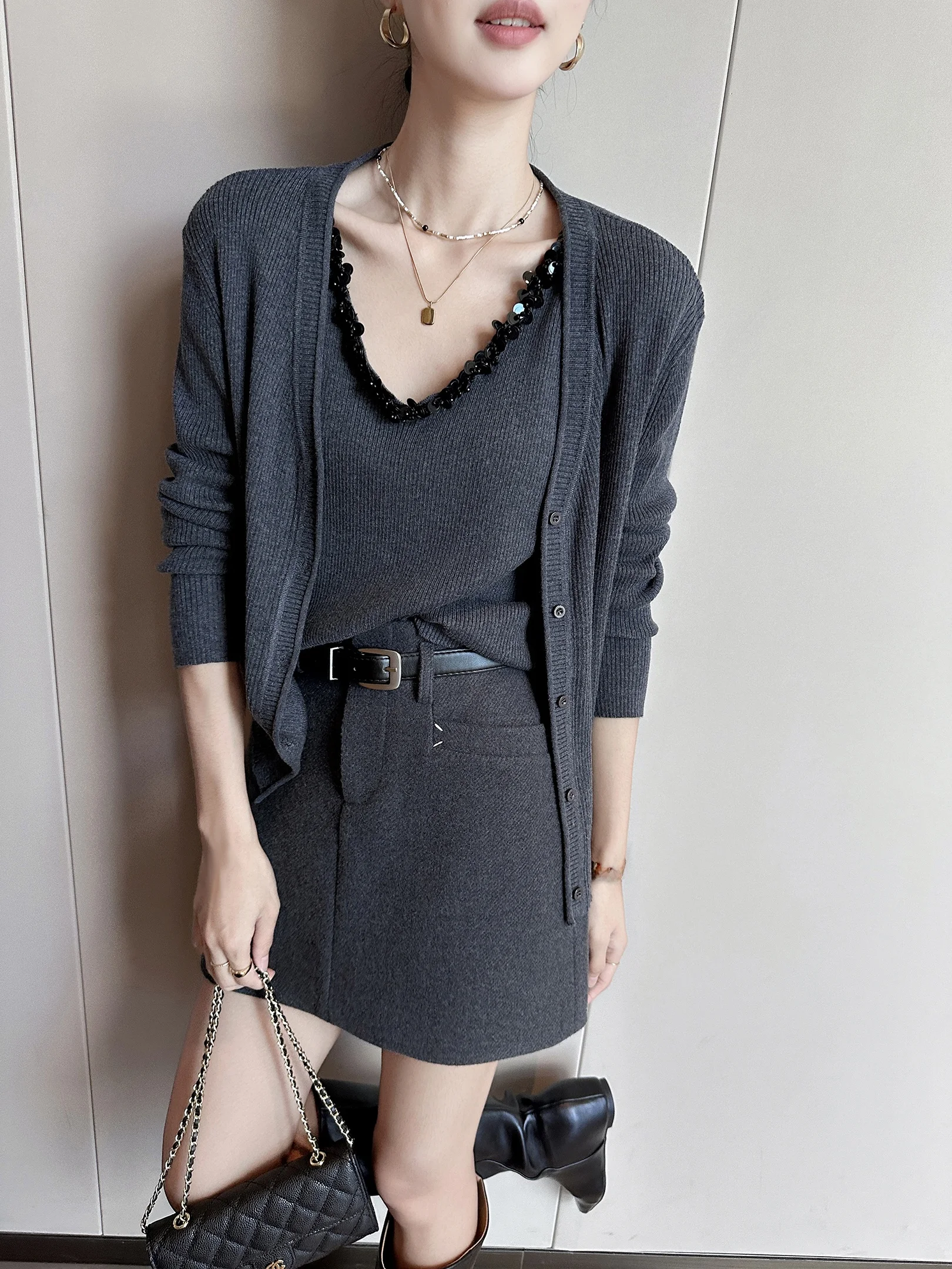 

ay V-Ne Knitted Open Cardigan Women's Autumn Winter Loose Sle Slimming Two-Piece Set Soft Comfortable Casual Decorated ...