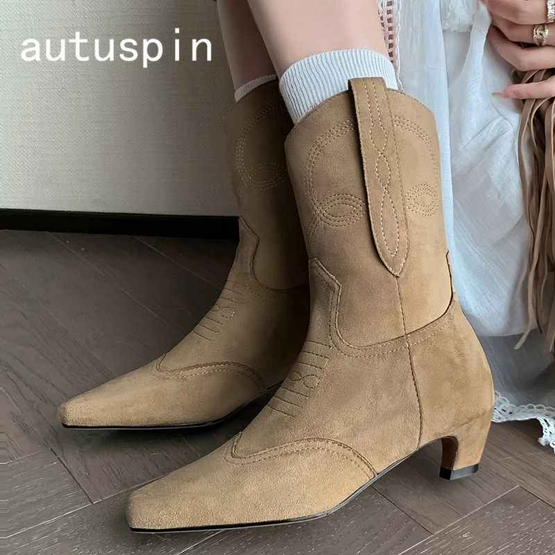 

Autuspin Women Retro Short Boots Autumn Newest Woman Cow Suede Leather Thin Low Heels Female Western Sewing Mid-calf Boots Woman
