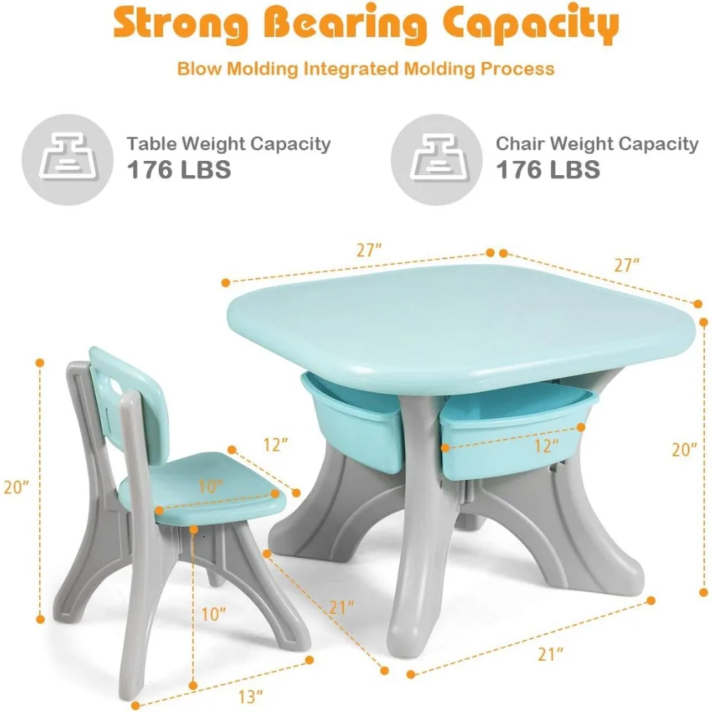 Kids Table and Chair Set, Plastic Children Activity Table and 2 Chair Set w/Storage Bins, 3 Piece Child Furniture Set