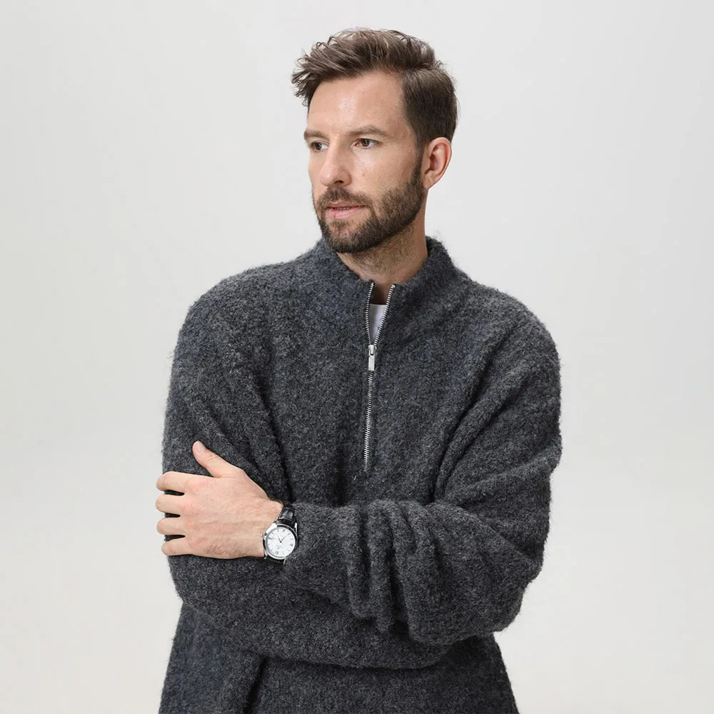 

BROWON 2025, осенне-зимний новый мужской свитер из пряжи с полумолнией и воротником-стойкой, утолщенное теплое вязаное пальто большого размера для мужчин