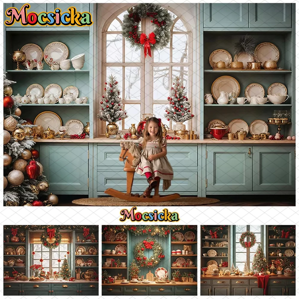Mocsicka Christmas Kitchen Background Photography Xmas Tree Dish Cupboard Decorations Baby Family Party Backdrops Shooting Props