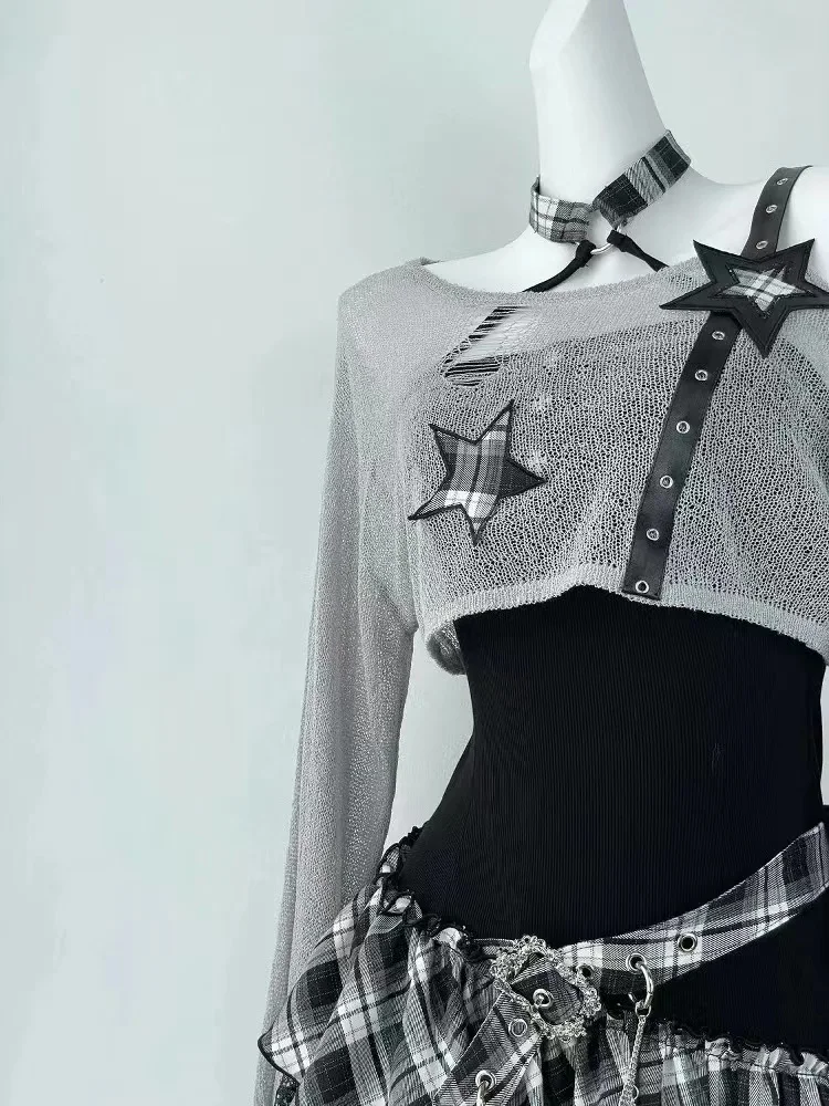 Sommer Amerikanischen Retro Gothic 2-teiliges Set Frauen Y2k Schwarz Dünne Kurze Tops + Y2k Harajuku Design Unregelmäßige Kleid Heiße mädchen Kleidung