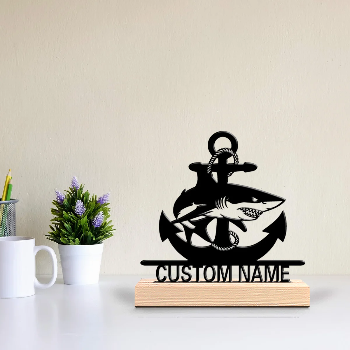 1pc Abstract anchor Personalized Letter Art Figurine With Wood Base Tin Ornament With Wood Base Study Desktop Decoration