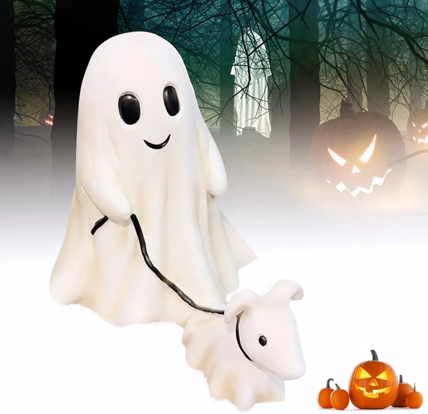 Halloween Ghost Dog Statue, Spooky Dog Figurine Ghost Walking His Ghost Dog Ghost Dog Statue Decor Add Festive Ambience