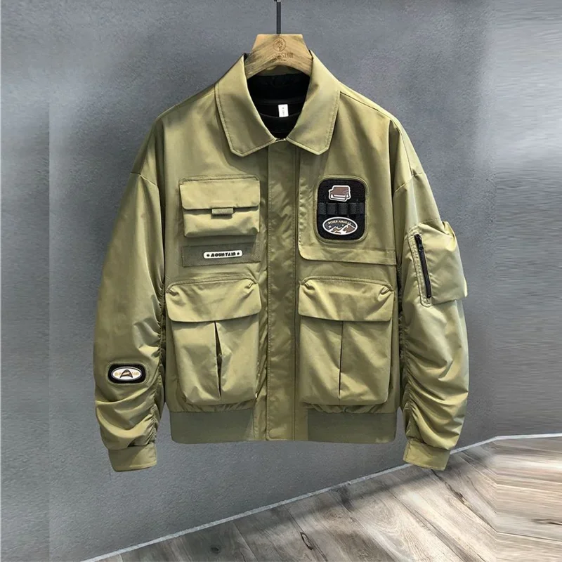 Waist Handsome Explosive Coat Men 2024 New Fashion Brand Tooling Spring and Autumn Trend Casual Pocket Oversize Lapel Jacket