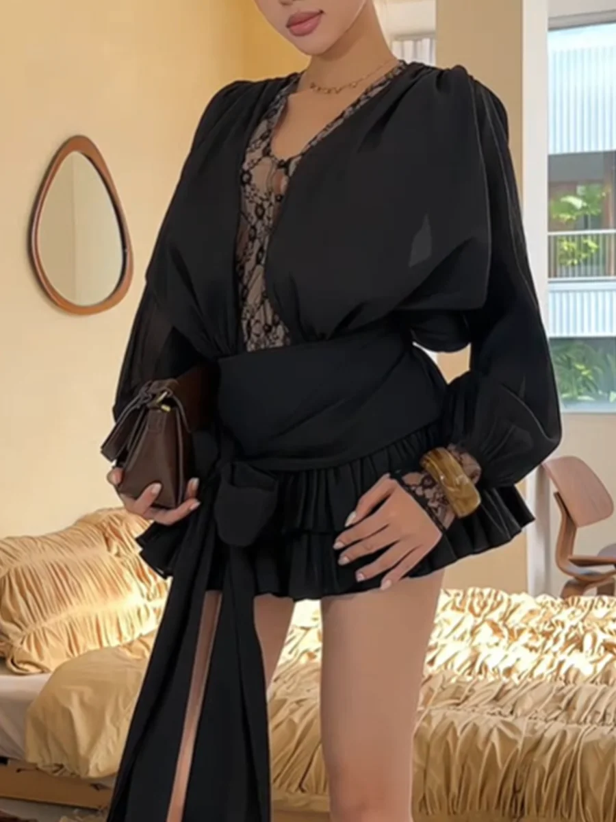 TWOTWINSTYLE Solid Sheer Spliced Lace Elegant Dresses for Women V Neck Long Sleeves Tunic Patchwork Ruffles Folds Dress Female