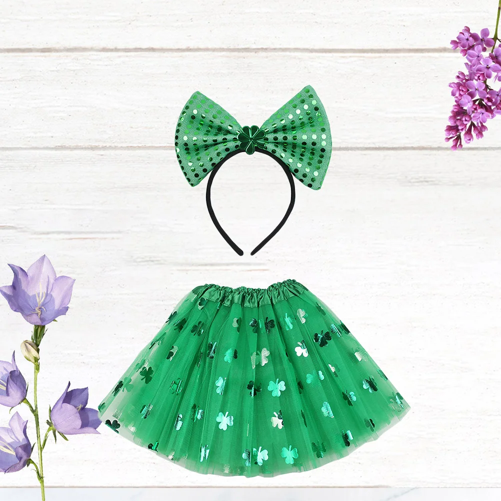 

1PC St Patrick's Day Skirt with 1PC Bowknot Hair Festival Three-layered Gauzy Dress Festival Large Bowknot Headband for Adults