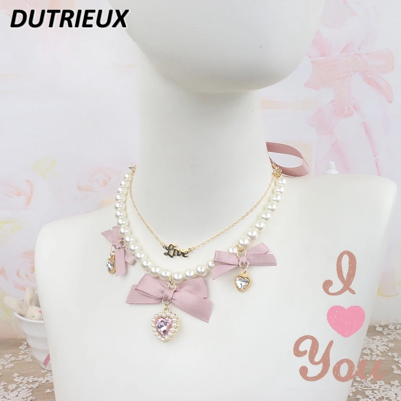 Japanese Handmade Sweet Mine Tie Neck Jewelry High Quality Pearl Necklace Gold Plated Letter Chain Bow Love Pendant Necklaces