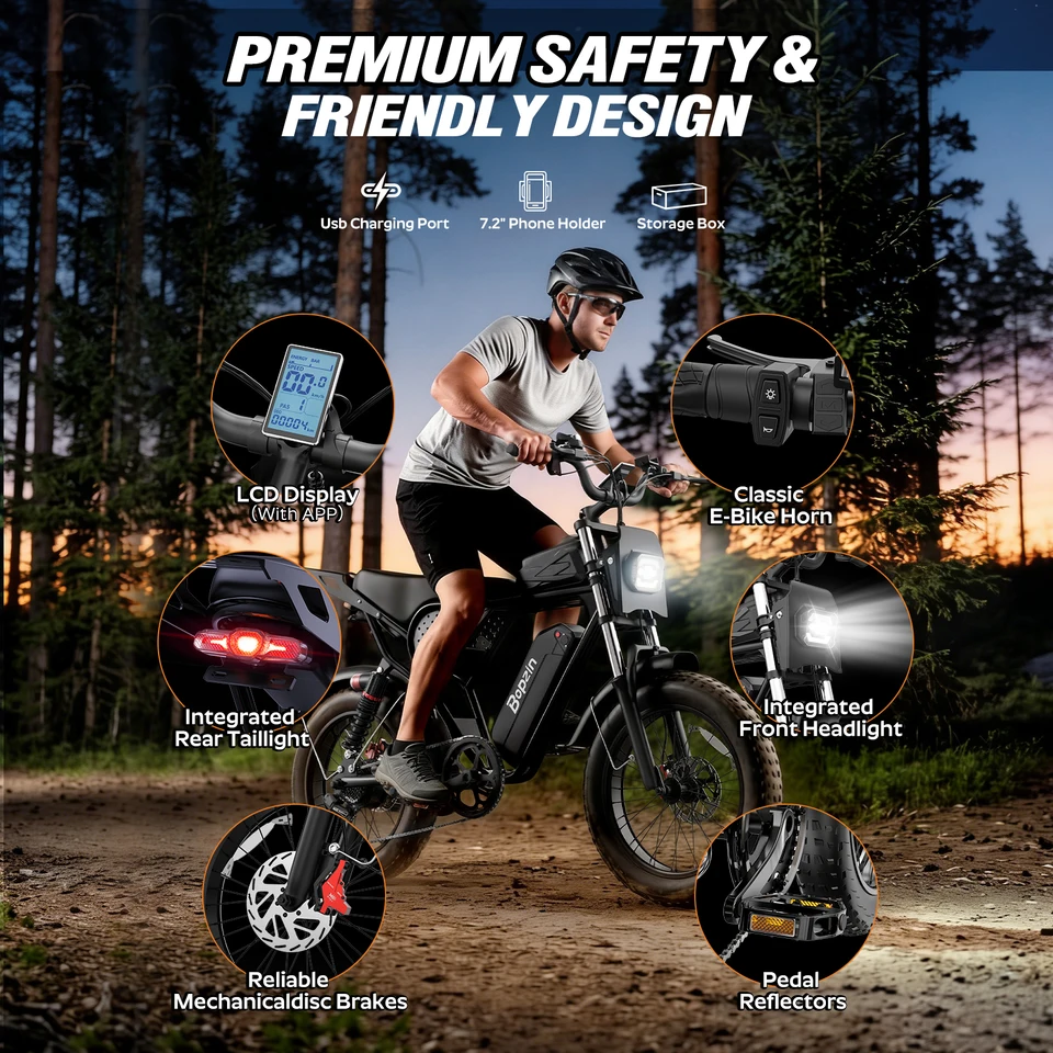 Bopzin 1500W Electric Bike for Adults C21-25 48V 25Ah Removable Battery 20" Fat Tire Ebike Dirt Full Suspension 7 Speed Hydraulic Disc Brake image 3