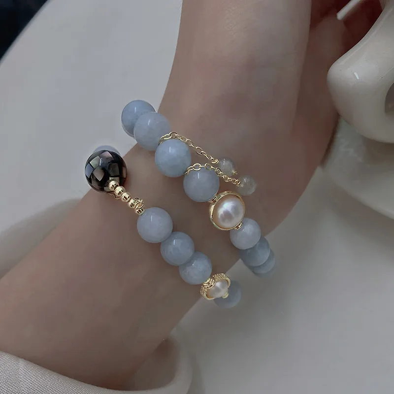 Natural Freshwater Pearls Light Blue Stone Women Girls Y2K Designs Lucky Cat Pendant Bracelets Girlfriend Gift Simple Jewelry