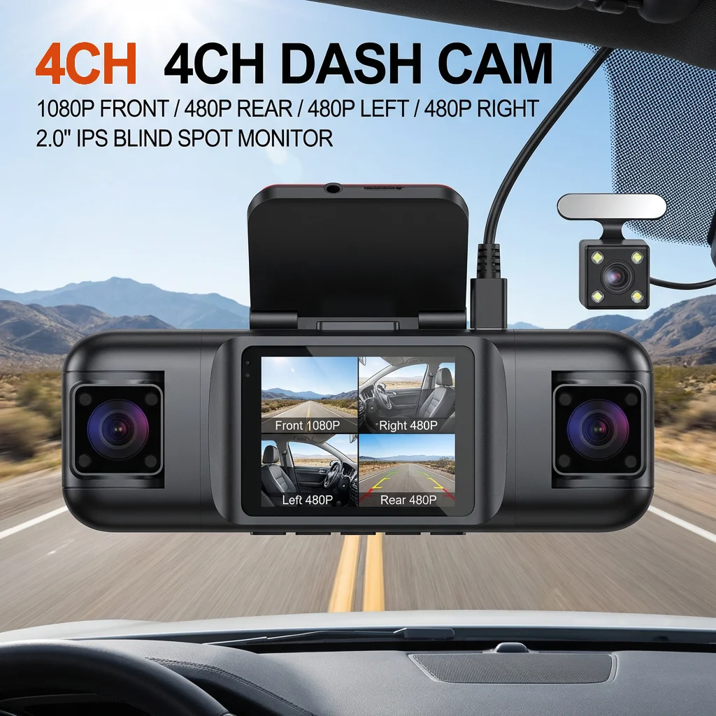 4 Channel Dash Cam Front Rear Left Right Inside Camera WiFi 1080P HD Light Night Vision Video Recorder Parking Monitoring