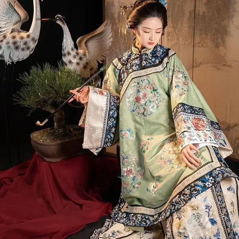 Qing Dynasty Flower Printed Loose Long Sleeve Cheongsam Dress Women Vintage Heavy Industry Antique Clothes Cospaly Qipao
