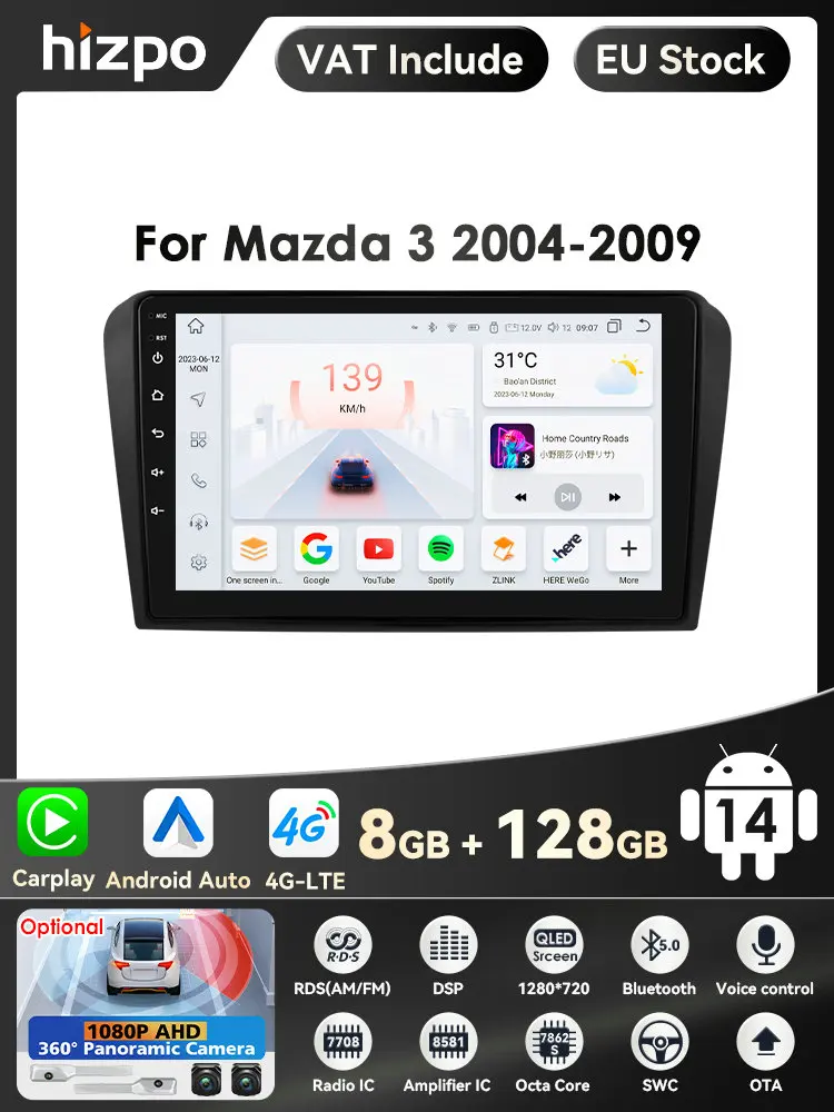 8Core Android 14 Carplay voor Mazda 3 2004 2005 2006 2007 2008 2009 Autoradio met BOSE Multimedia Speler 2 Din Stereo GPS Navi - afbeelding 2