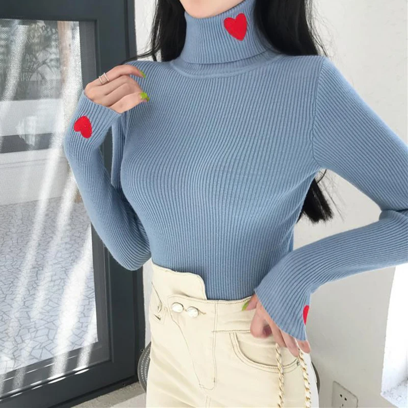 HELIAR Women Turtleneck Knit Warm Sweaters Heart Embroidered Pullover Slim Bottoming Causal Sweater For Women 2024 Fall Winter