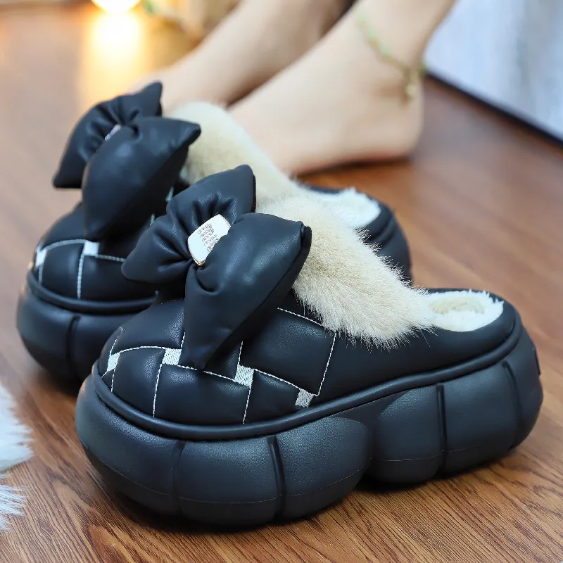 New Autumn waterproof mules shoes for women winter fluffy bow slippersoutoor fur slides  fashion 6 cm platform home slipper