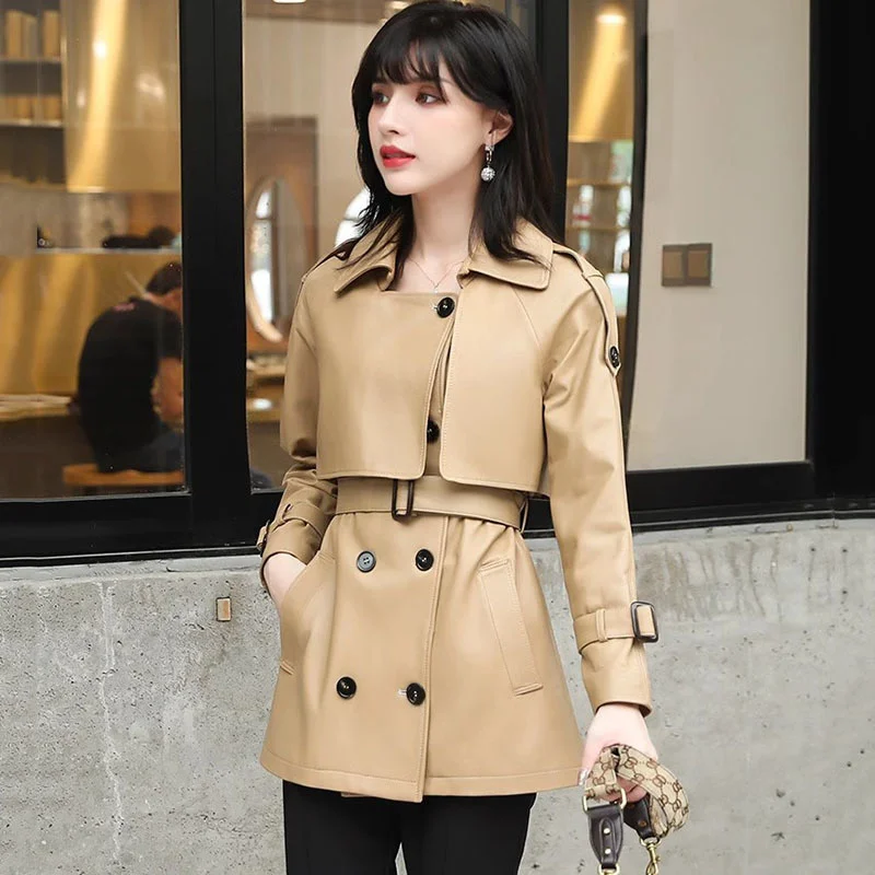 British Style Trend Sheepskin Windbreaker Jacket Women's Spring Mid Length Solid color Lapel Slim Fit Genuine Leather Overcoat