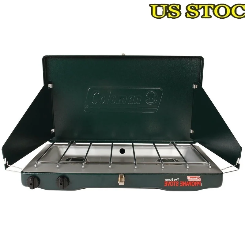 

Портативная пропановая плита с 2 конфорками, 10000 БТЕ, регулятор высокого давления для приготовления пищи на открытом воздухе, регулируемая ветрозащитная решетка с пламенем, легко чистится