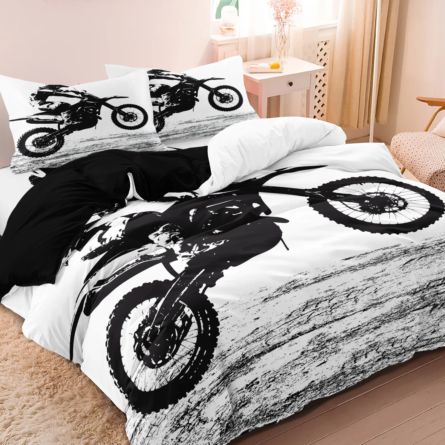3Pcs Motocross Dirt Bike Print Duvet Cover Set, Off-Road Motorcycle Rider Print Bedding,Soft Microfiber Sporty Masculine Bedding