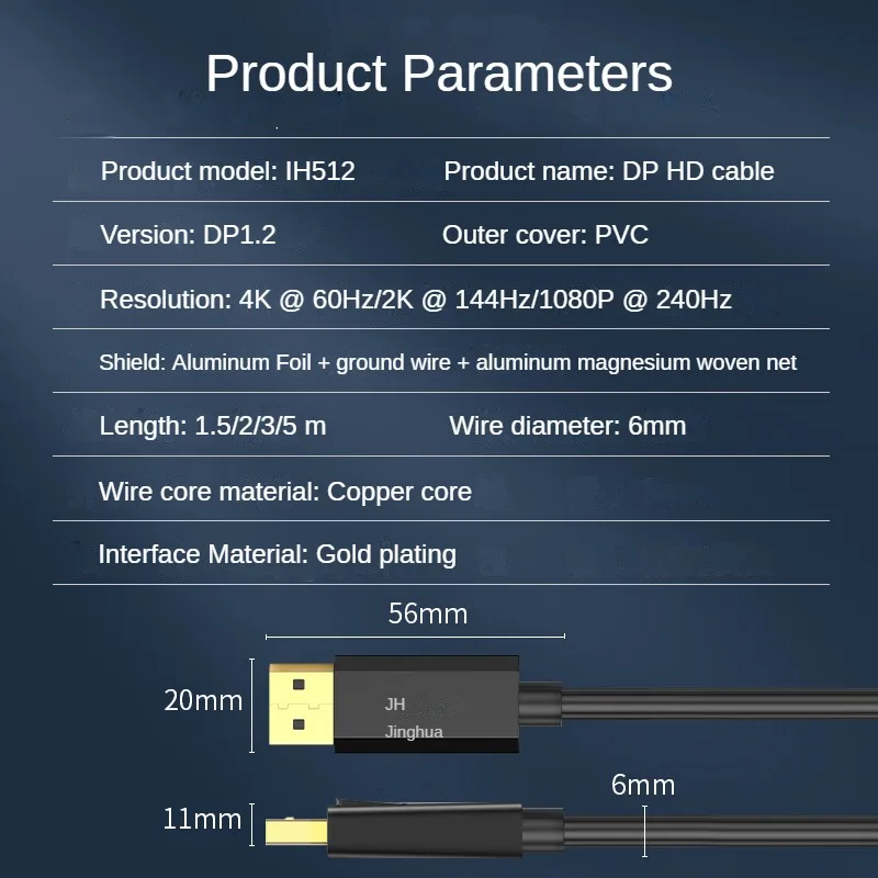 Jinghua DP1.2 Cable, 144Hz High‑Refresh Data Cable, 4K/2K/1080P, for PC Monitor & Graphics Card