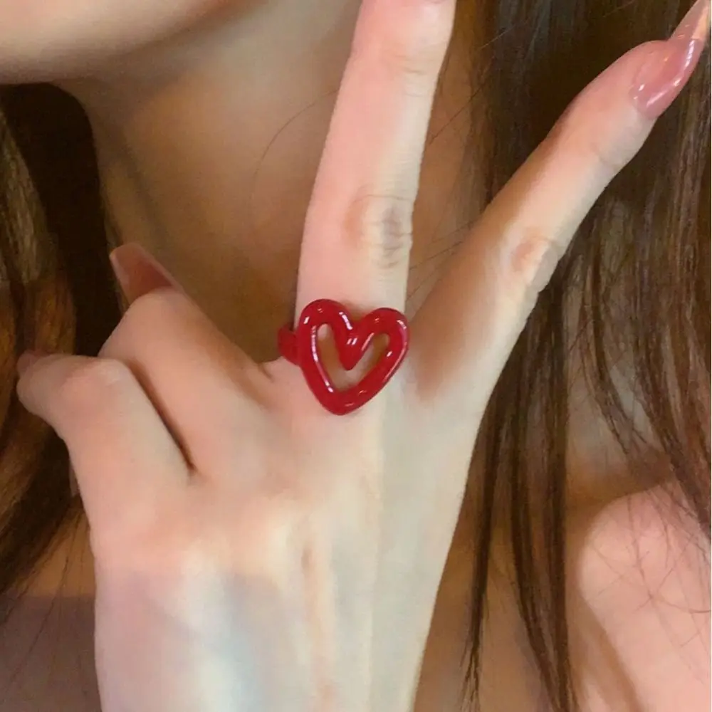 Trendy Metal Red Open Ring Enamel Heart Gift Adjustable Ring Elegant Y2K Opening Rings Jewelry Gift