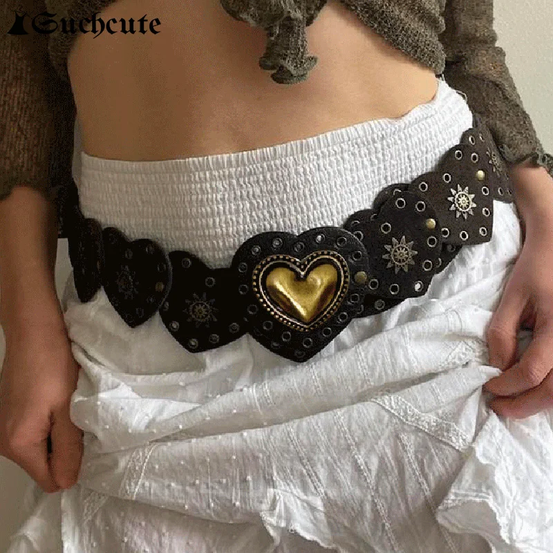 

SUCHCUTE Love Shape Boho Vintage Brown Belts for Women Rivet Eyelet PU Leather Y2K Style Accessories Streetwear Waistband Belts