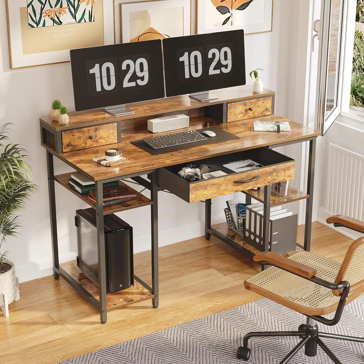 Multifunctional Computer Desk with Monitor Shelf, Professional Dual Tiers Writing Desk,Storage - Sturdy Home Office Desk, Brown