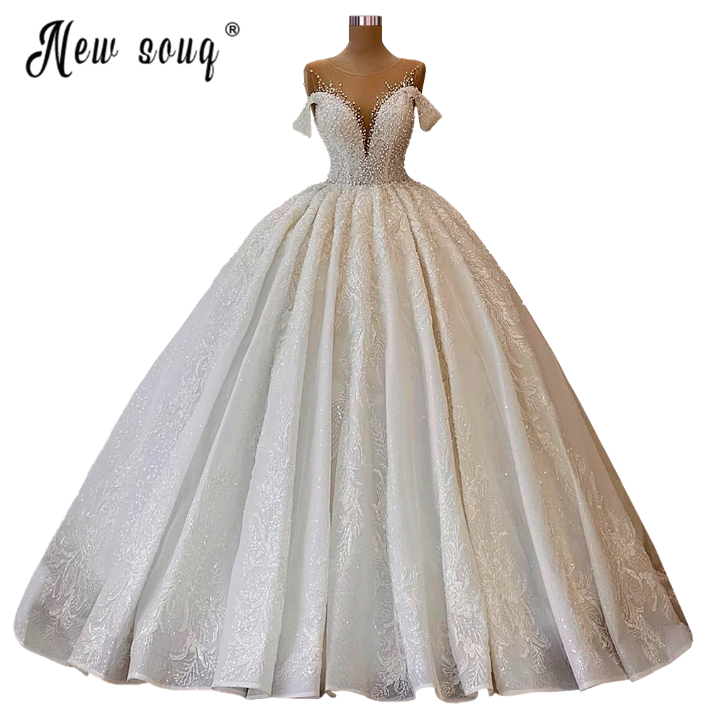 Neuheiten Spitze Off Schulter Hochzeit Kleid Perlen Kristalle Weiß Ballkleid Brautkleider Luxus Vestido De Noiva Kurzarm