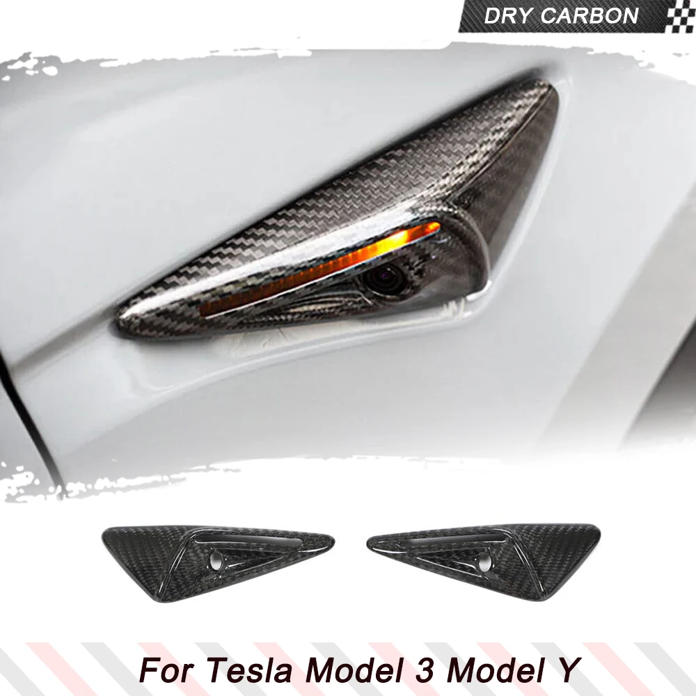 

Fits Tesla Model 3/Y 2020-2023 DRY Carbon Side Fender Camera Turn Signal Cover Side Splitters Car Kits Real Carbon 2PCS/Set