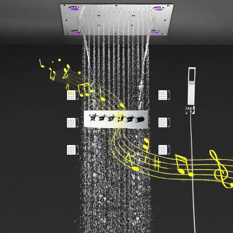 hm Bathroom Ceiling Mounted Rainfall Shower System Led Concealed Waterfall Massage Thermostatic Showerhead Faucet Set