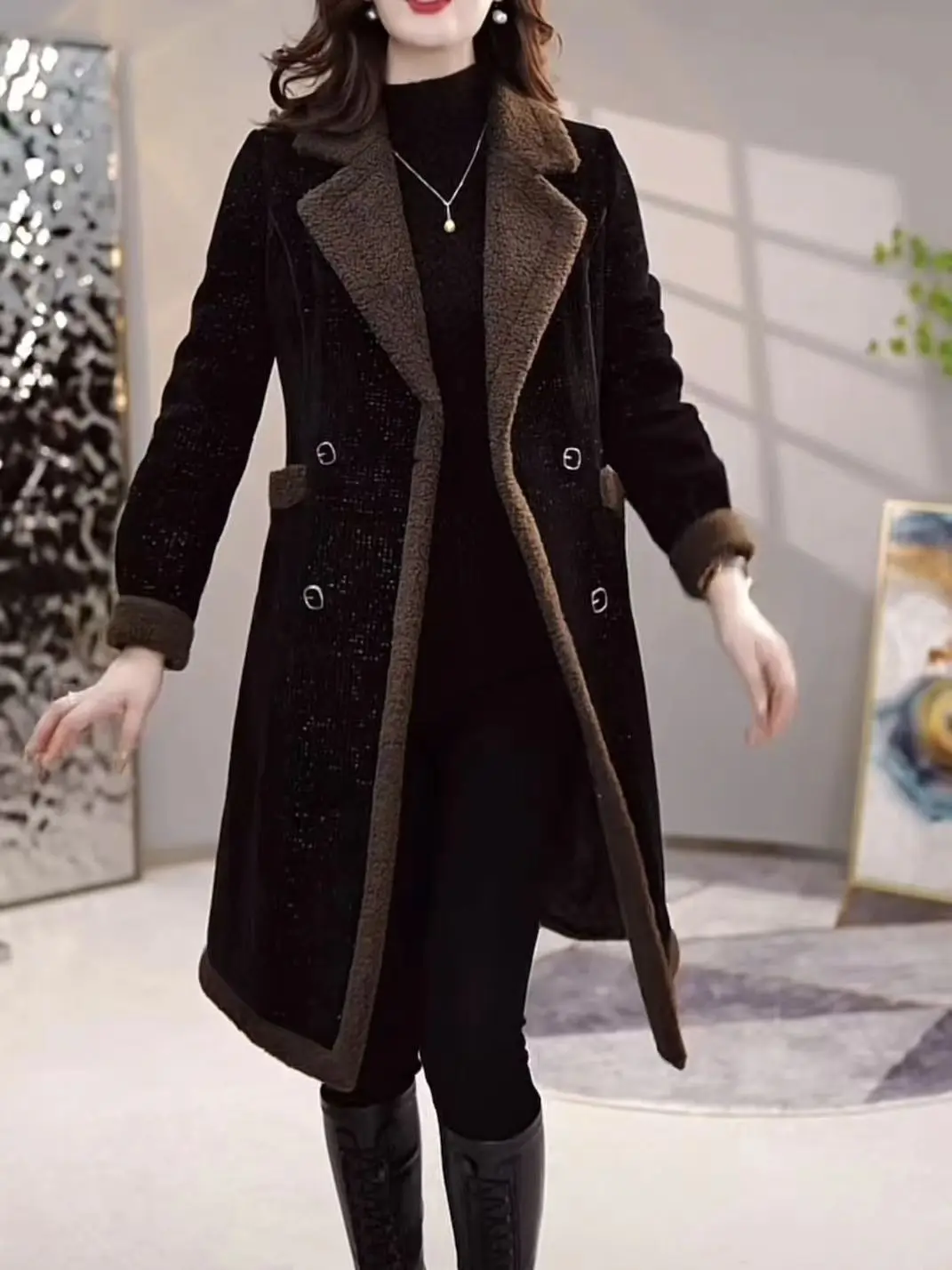 plus Size Women's Fce Lined Jaet Mid-Length Loose Thiened Autumn Winter Coat Korean Sle Long Sve  Collar Butt...
