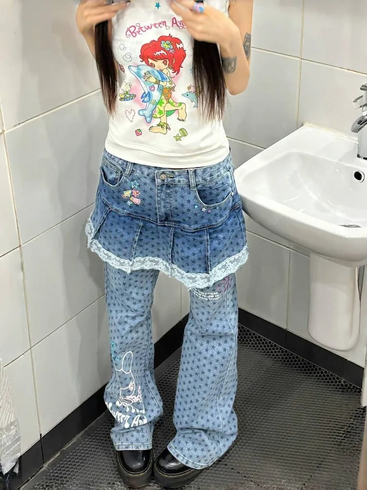 

Women’s Lace Patchwork Fake Two-piece Skirt Pants Autumn Streetwear High Waist Baggy Denim Trouser Female Loose Wide-leg Jeans