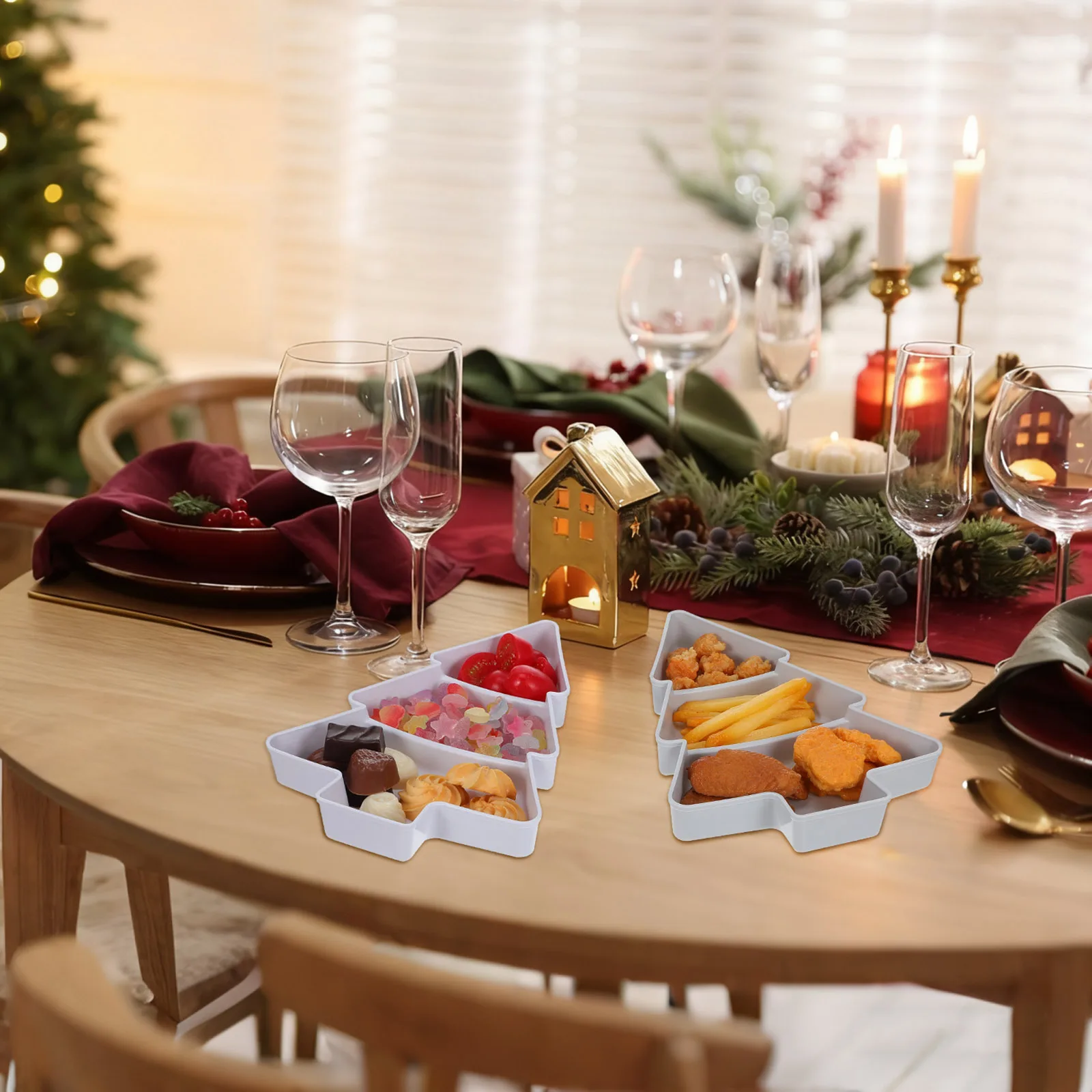 

2Pcs Plastic Snack Platter Christmas Tree Shaped Plate 3 Section Fruit Tray for Candies Dried Fruits Appetizers Easy Clean