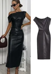 TRAF 2024 New Autumn Women Black Faux Leather Dress Sexy Casual Slim Asymmetrical Midi Dress Basic Vintage Sleeveless Dress