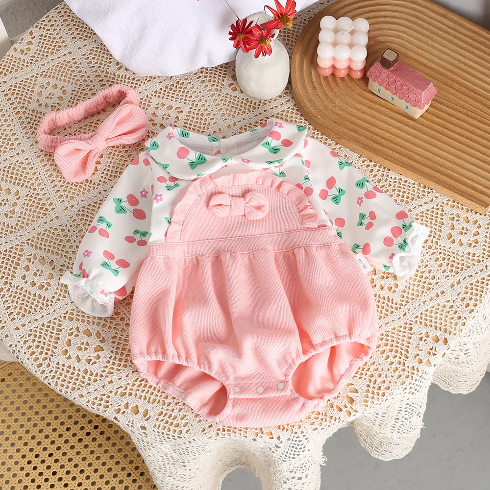 MILANCEL 2024 Autumn New Baby Girls Clothes Cherry Print  Girls Bodysuit & One Piece Toddler Girls Clothing With Headband