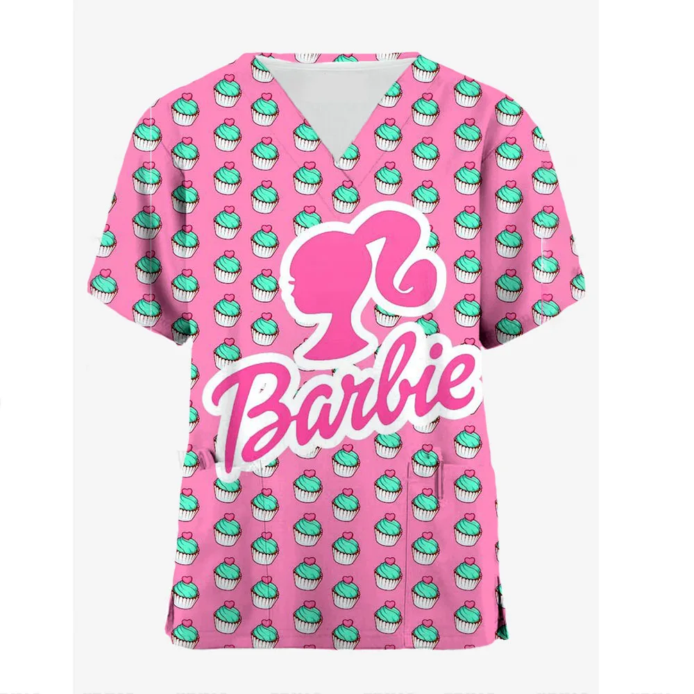 

Women's Work Clothes Barbie Princess Printed Short Sleeved V-neck top, women's shirt, nurse's Work Clothes Frosted