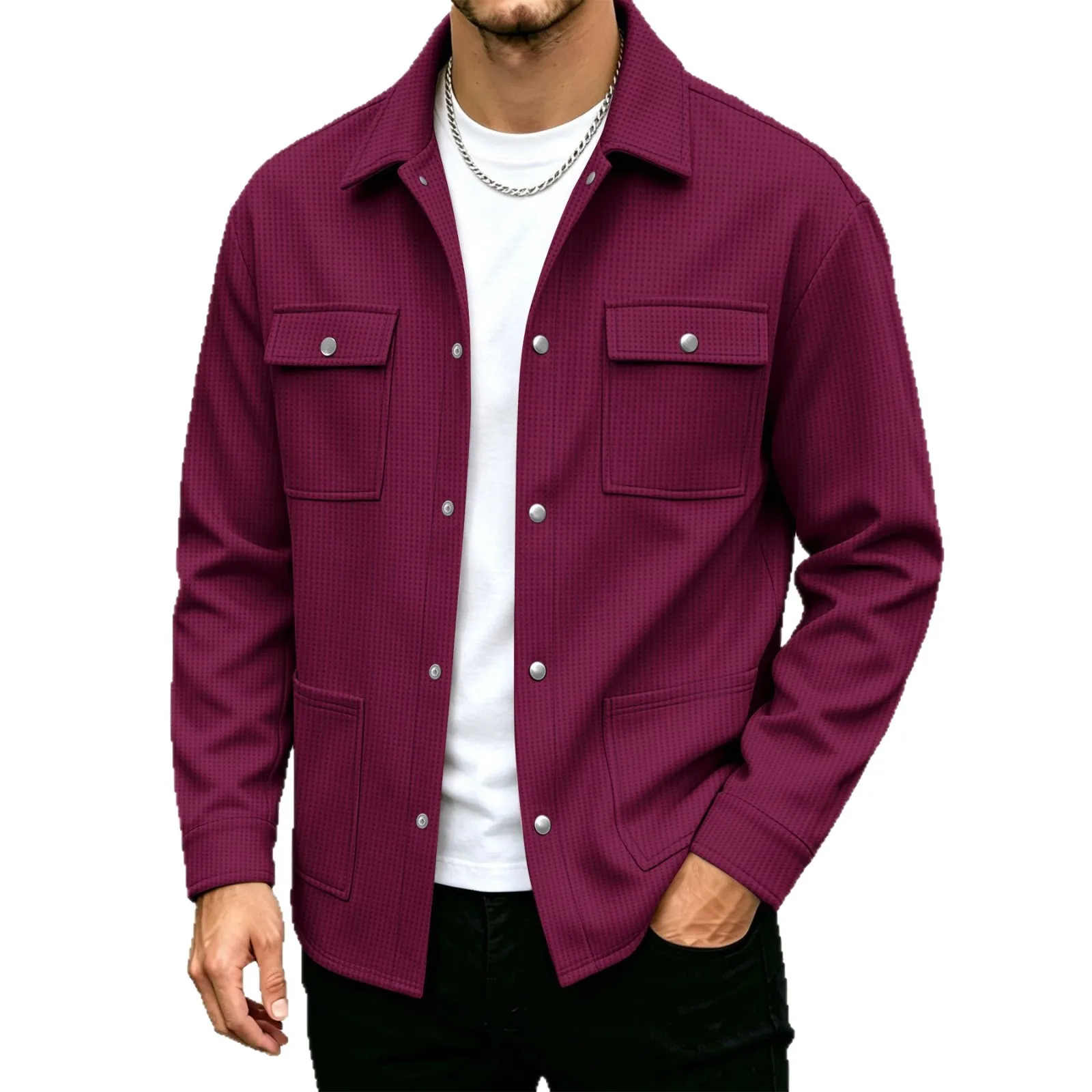 Men Waffle Texture Lapel Shacket Multi Pocket Snap Button Casual Loose Shirt Jacket Spring Autumn Male Solid Outerwear