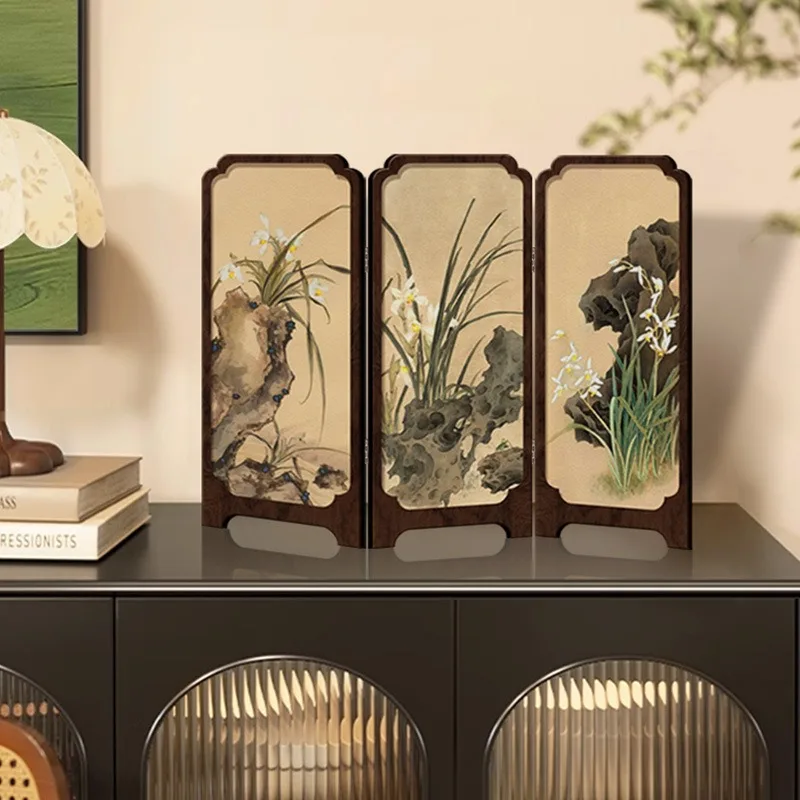 New Chinese Ink Bamboo Mini Tabletop Folding Screen Retro Wooden Desktop Ornament Home Office Cabinet Decorative Craft Ornament