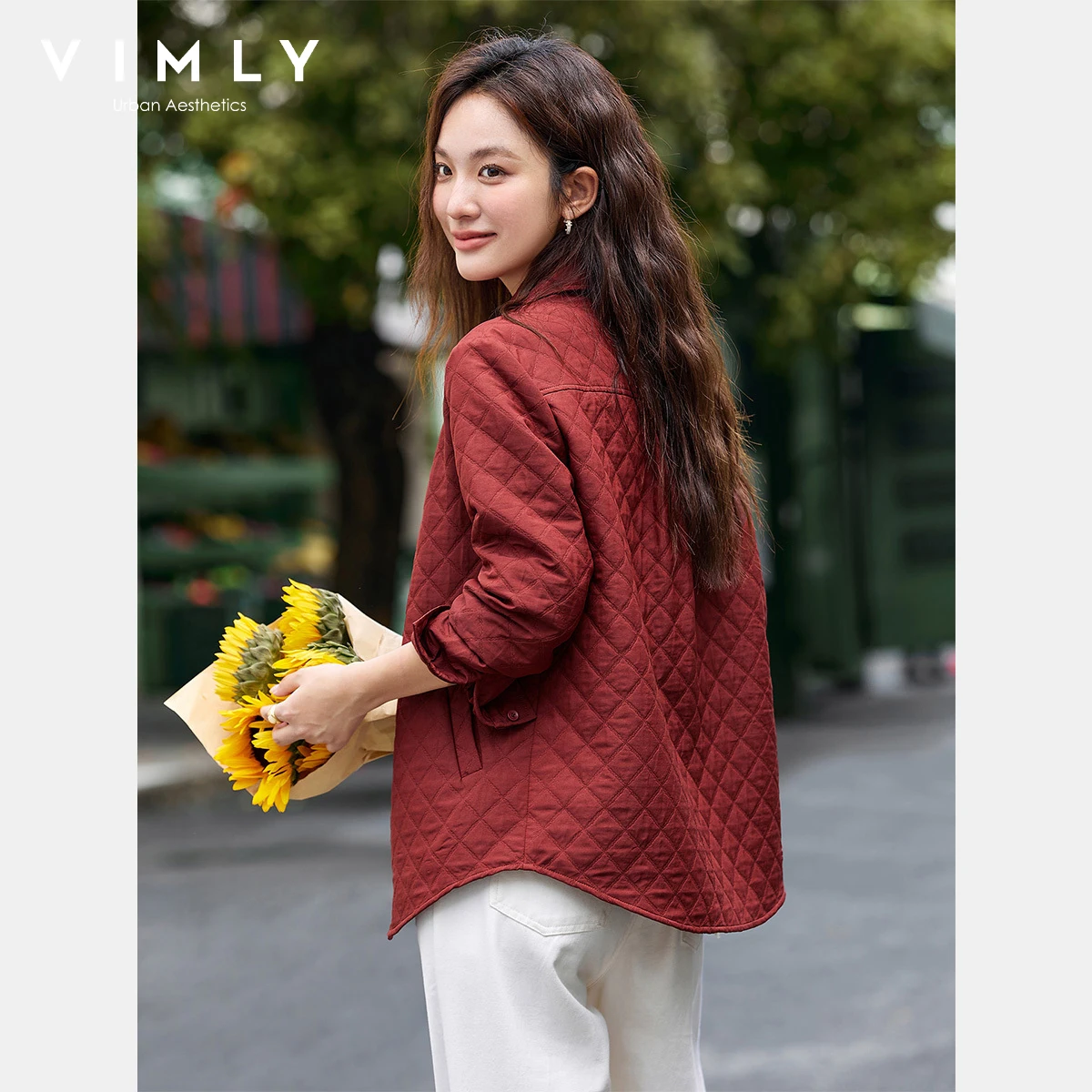 VIMLY レッドジャケット 秋 2025 アメリカンレトロ レディース 暖かい ダイヤモンド柄 キルティングジャケット ポロネック 長袖 レディースコート A2775