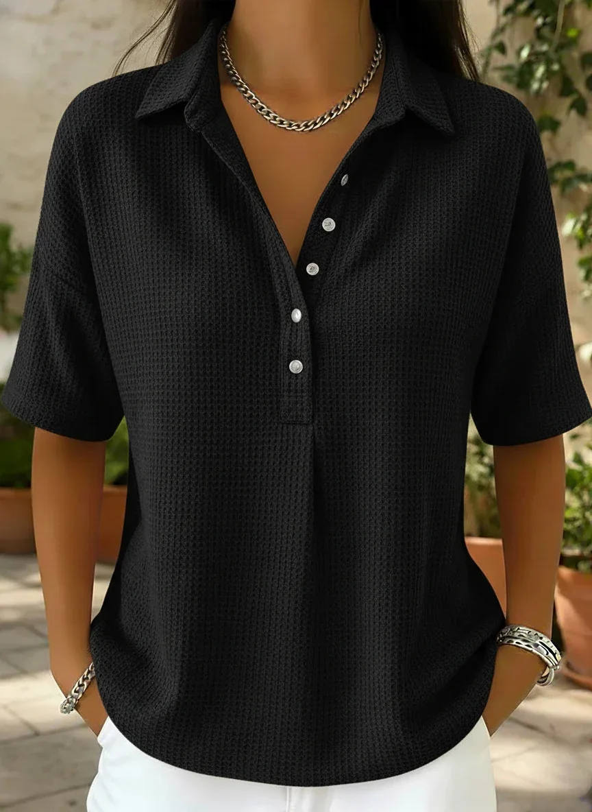 Fashionable Casual Waffle Collar Shirt Short-sleeved Top